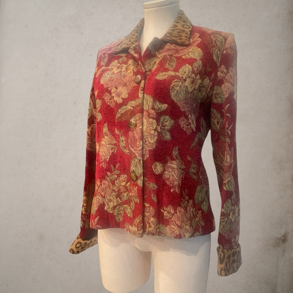 Women’s Tapestry Jacket Floral With Leopard Trim Sz 8
